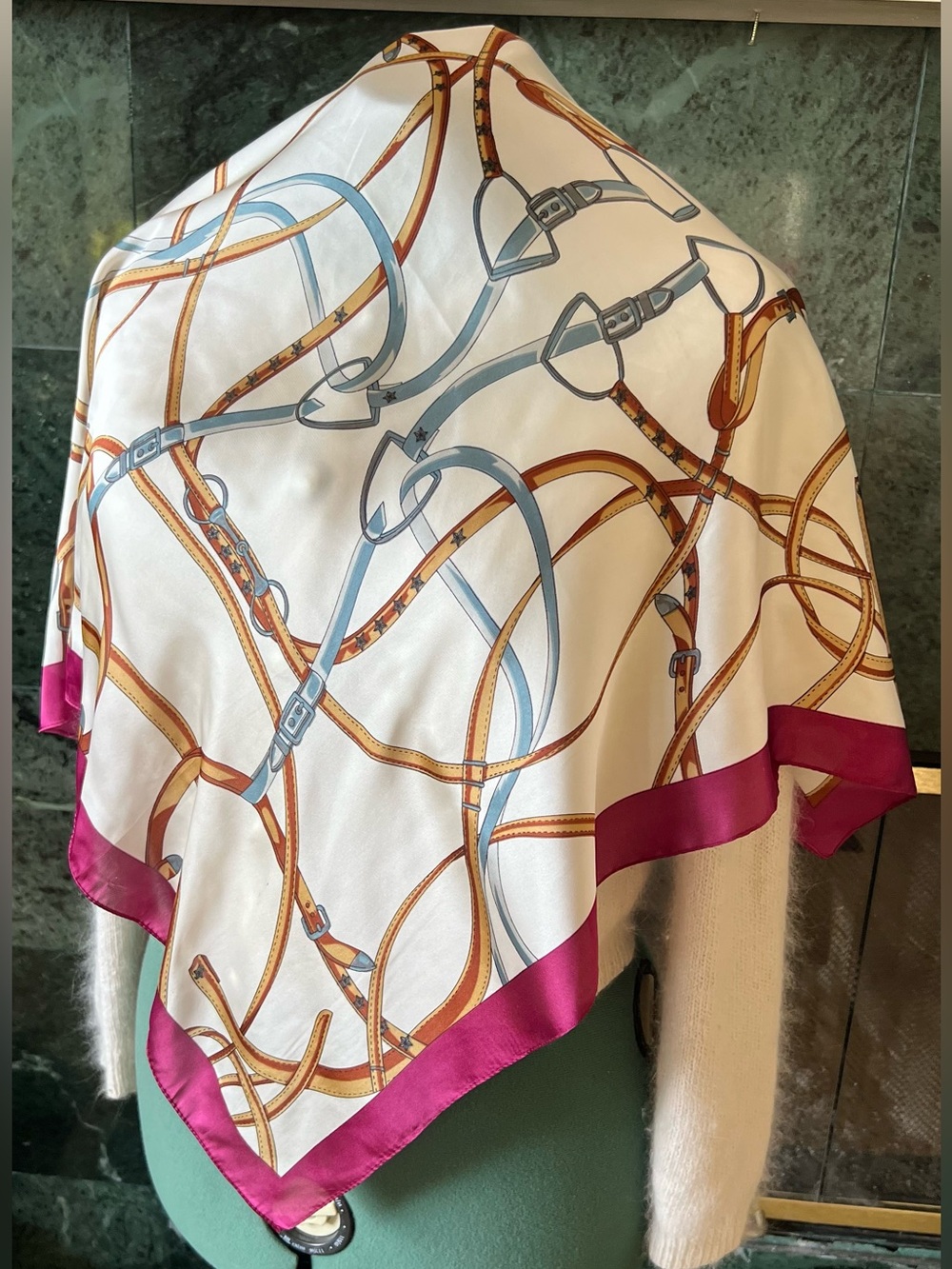 Vintage 100% Silk Horse Bit & Stirrup Equestrian Square 28” Scarf Berry Pink - Picture 2 of 12